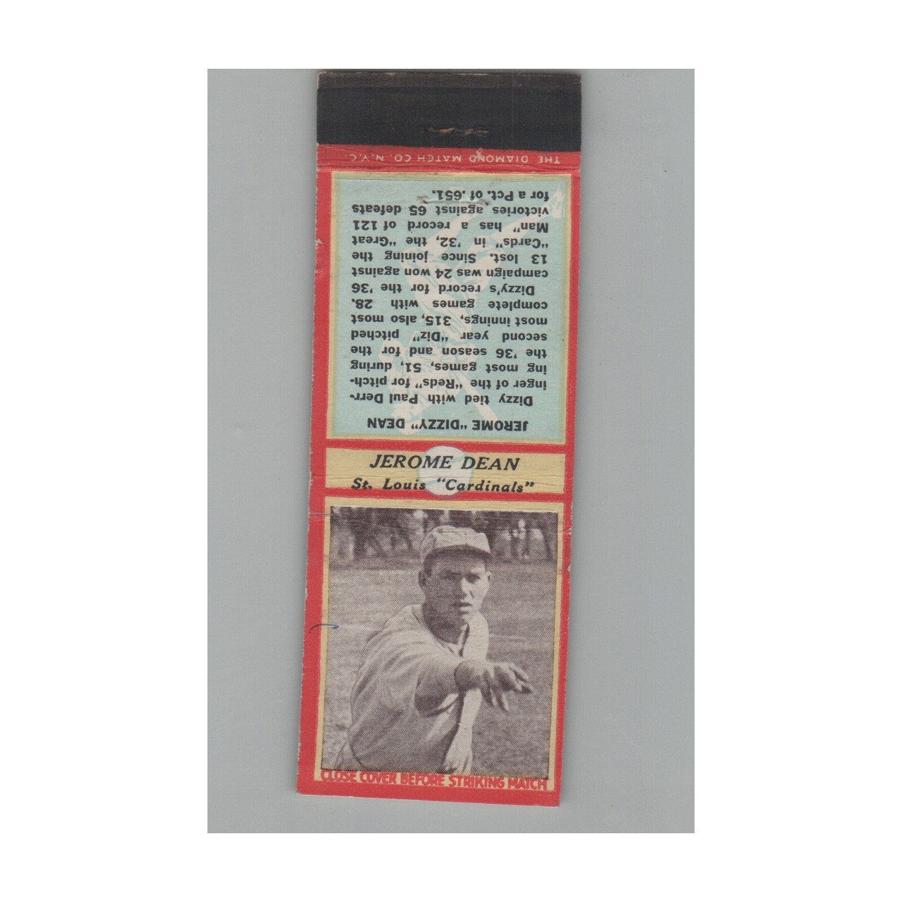 Matchbook Cover Jerome Dizzy Dean St. Louis Cardis 1930s Baseball Hall Of Fame