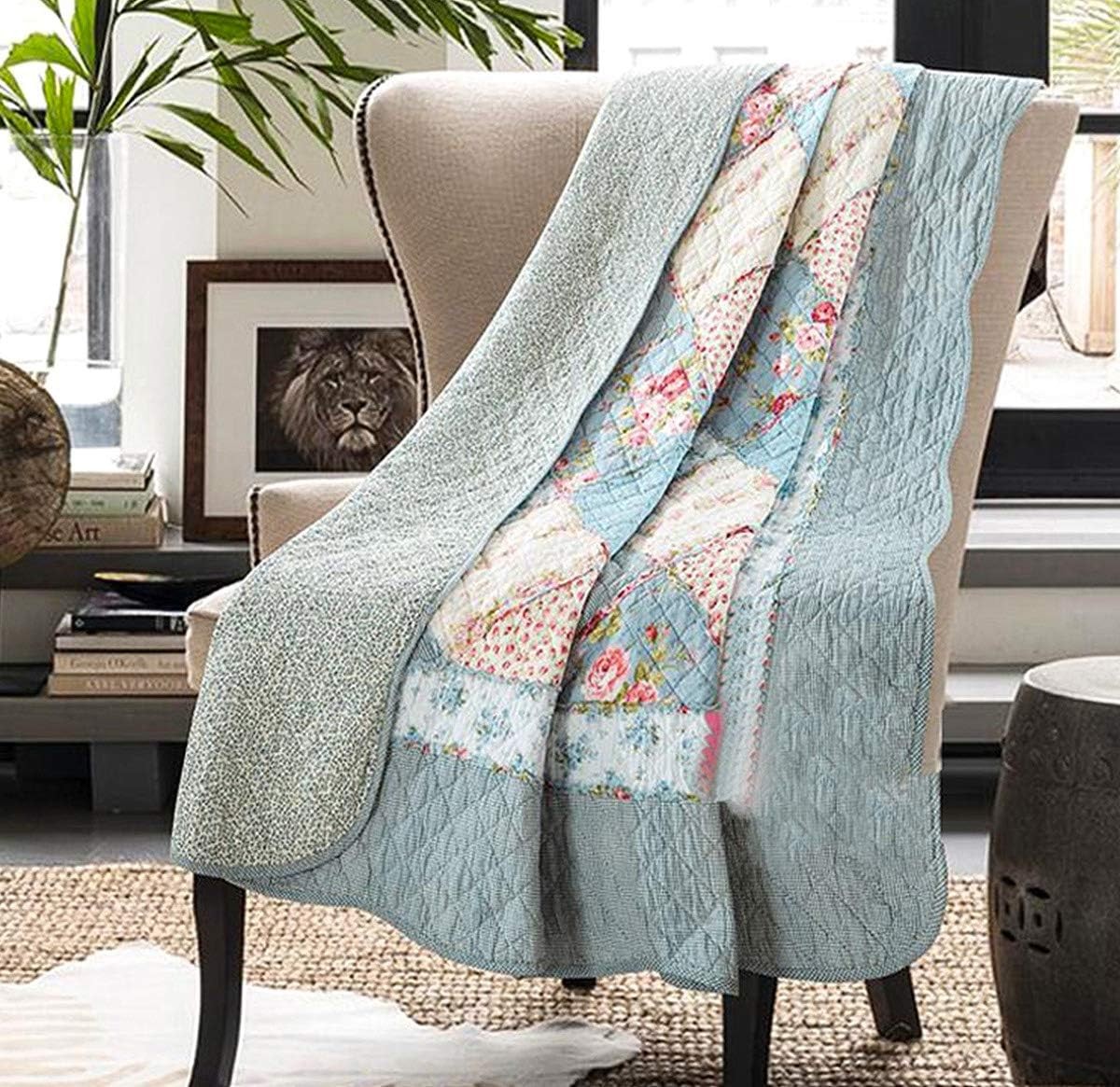 Original 100% Cotton Quilt Twin Size Blue Floral Patchwork Quilts，Reversible