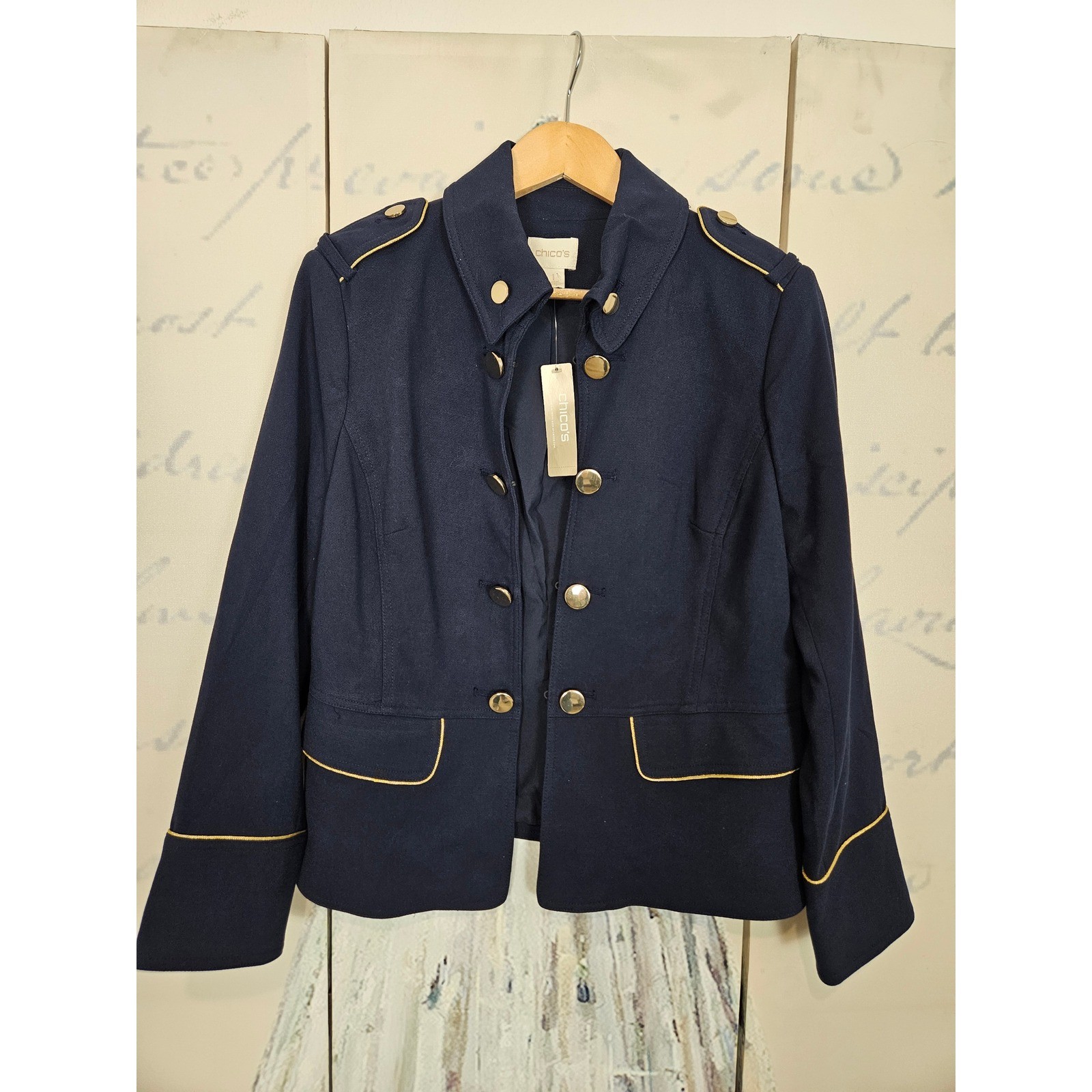 Chico\'s Navy Blue Military Jacket Gold Button Epaulette Blazer NWT Size 1 M