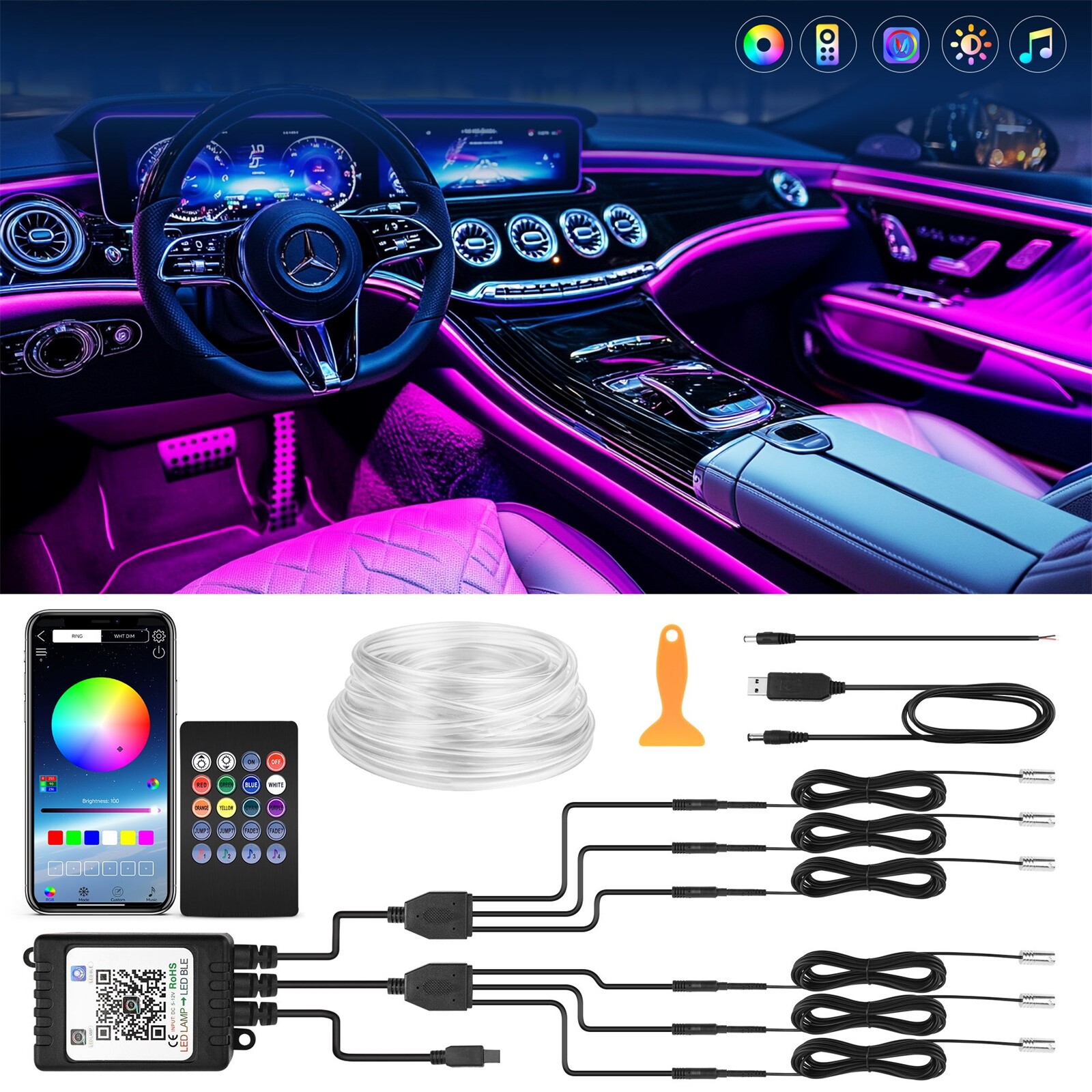 8M Car Interior Strip Light Atmosphere Neon Glow APP-Control Ambient Light Kit 8M Car Interior Strip Light Atmosphere Neon Glow APP-Control Ambient Light Kit
