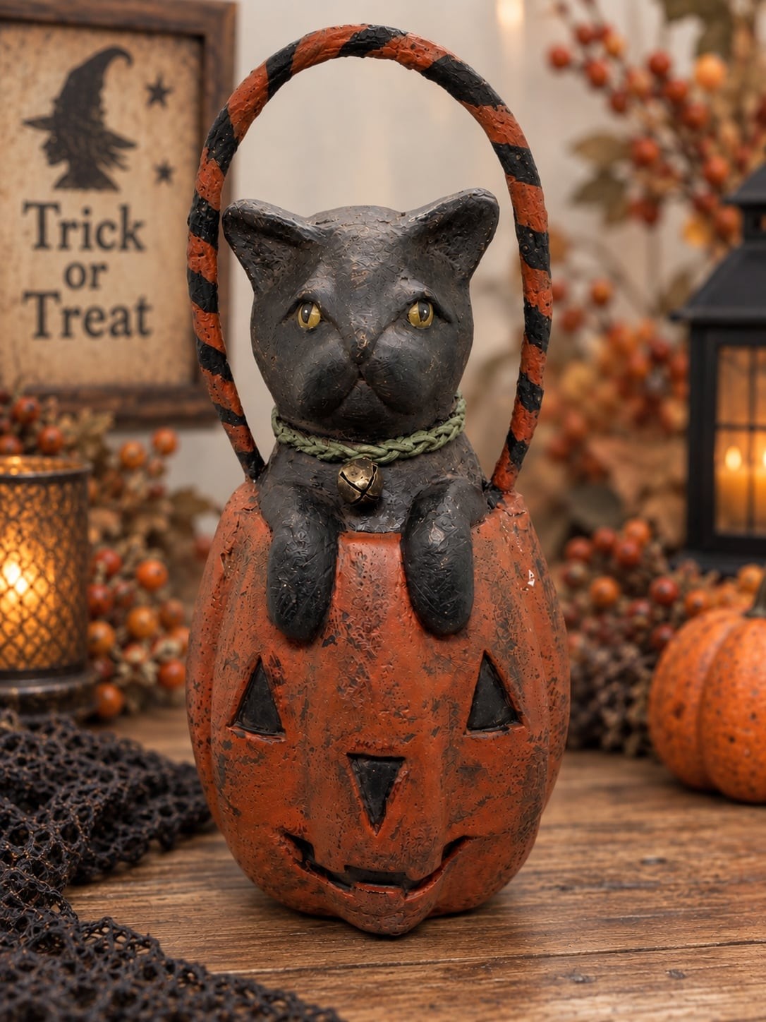 ESC Deborah Graham Halloween Folk Art Black Cat Pumpkin Basket JackOLantern Vtg