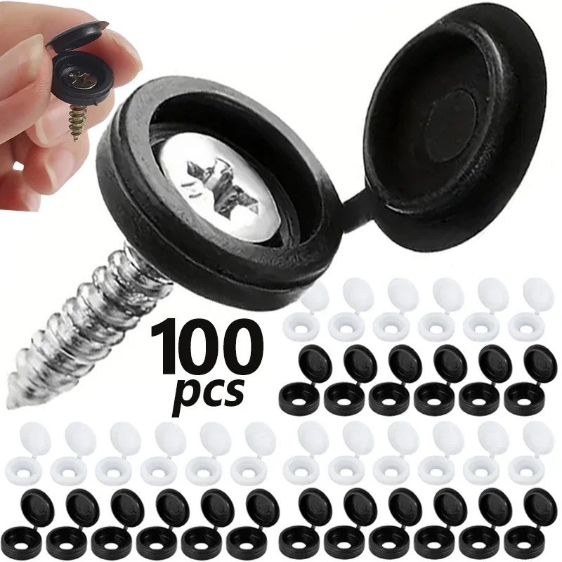 100 Pcs Black Hinged Screw Cover Caps – Snap Flip Tops w/ Washers Small