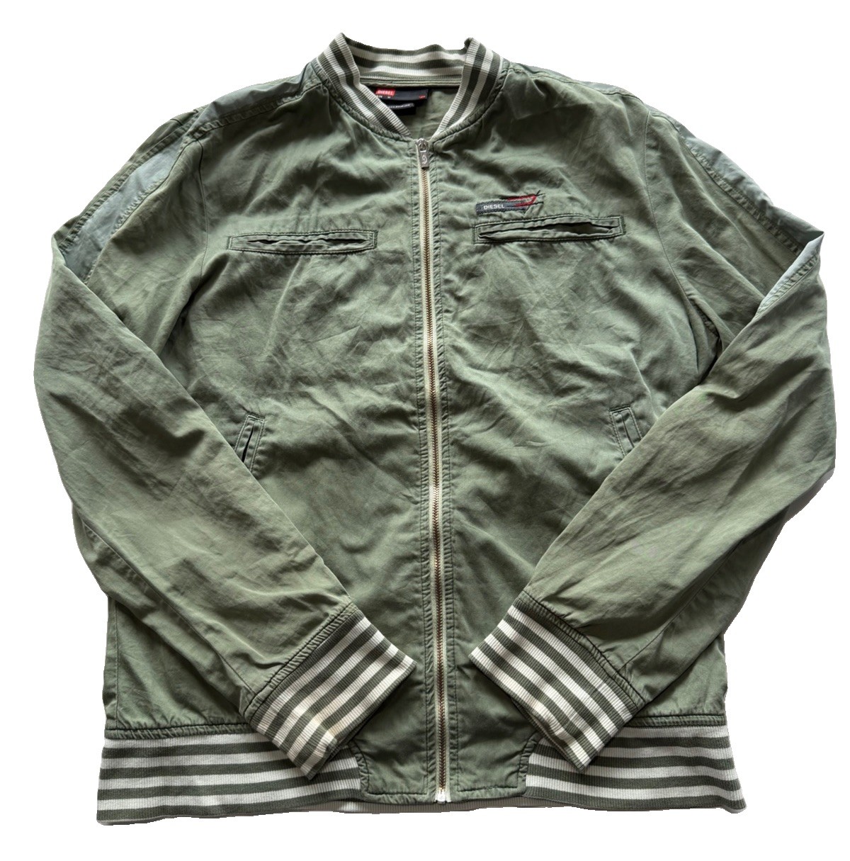 Diesel Archive Olive Green Rider Bomber Jacket Mens Medium Striped Ribbed 90s
