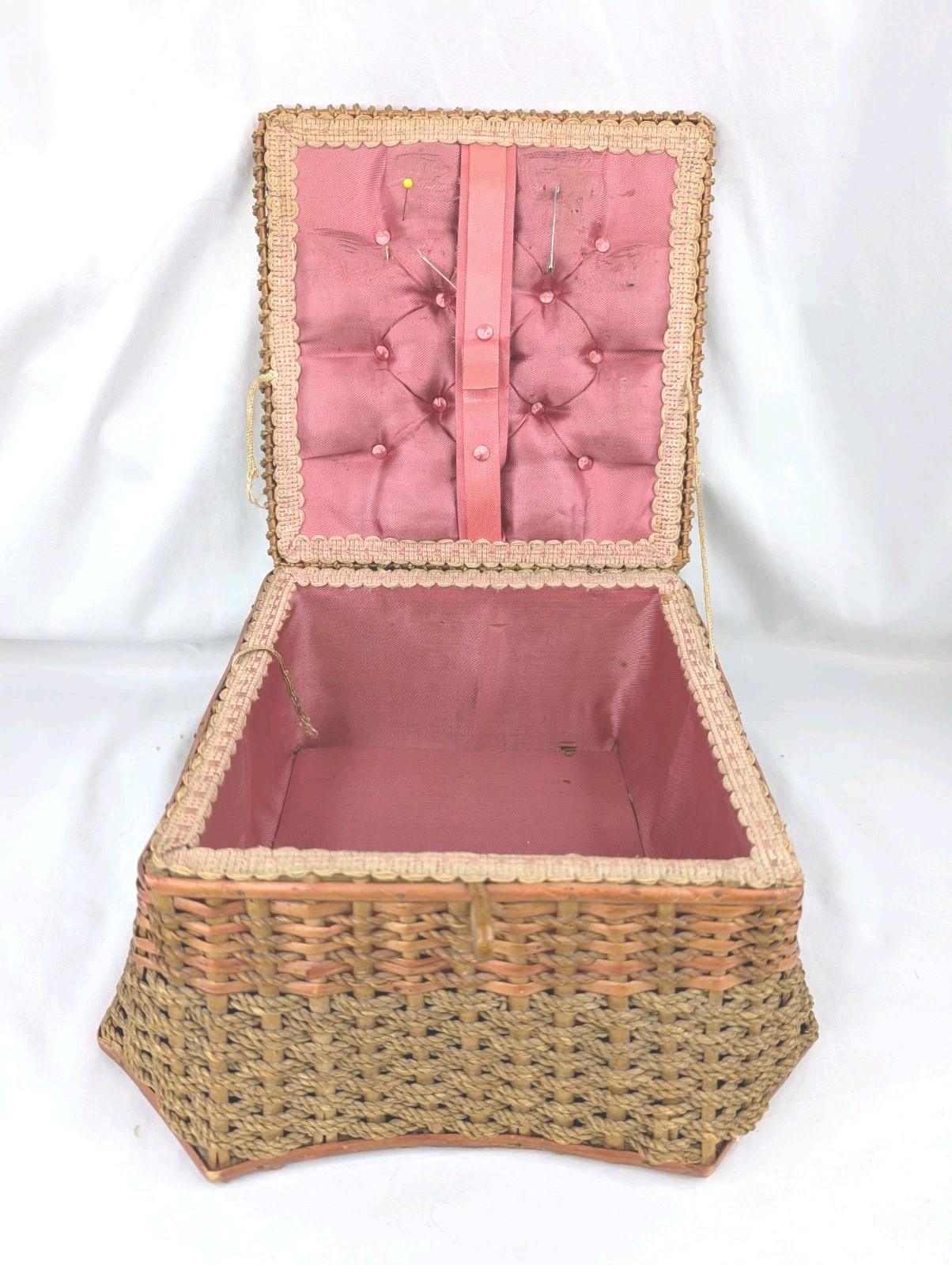 Vintage Wicker SEWING BASKET Pink Unusual Shape Satin Lined Lift Lid Pin Cushion