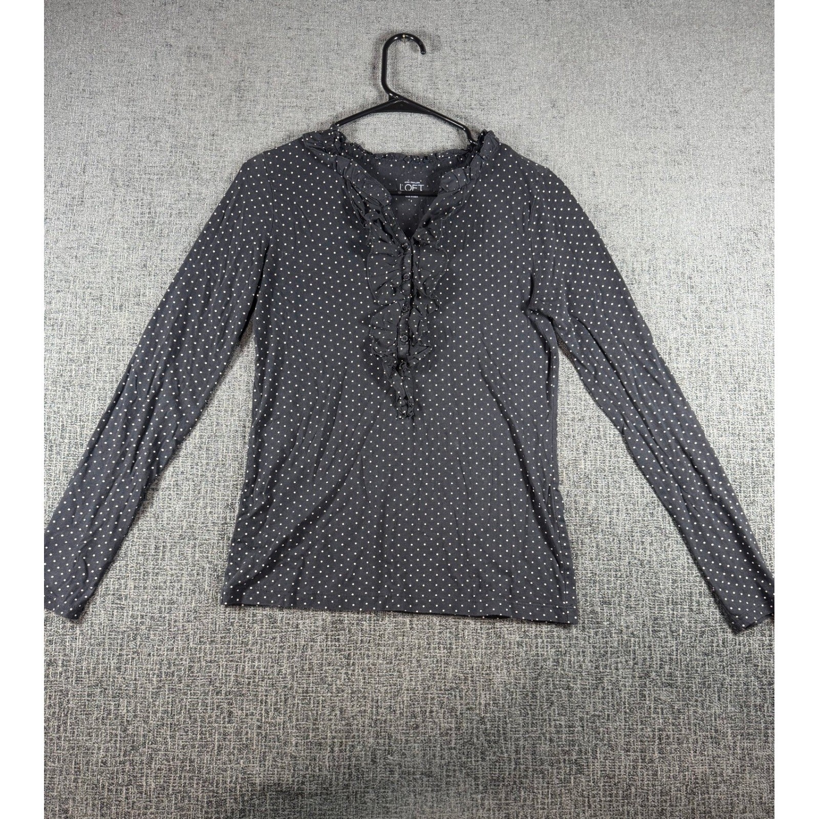 Ann Taylor LOFT Navy Polka Dot Ruffle V-Neck Long Sleeve Cotton Top Small