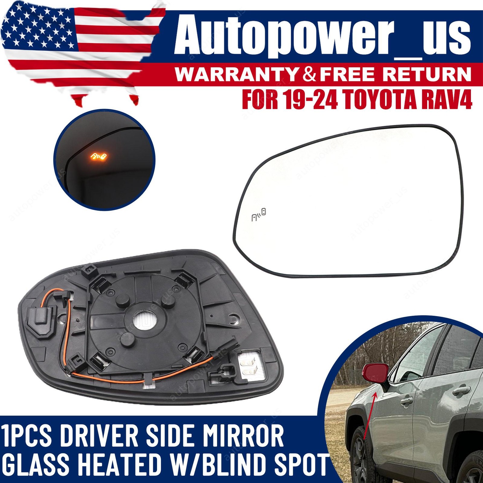 Fits 2019-2024 Toyota Rav4 Mirror Glass Heated w/Blind Spot Driver Left Side