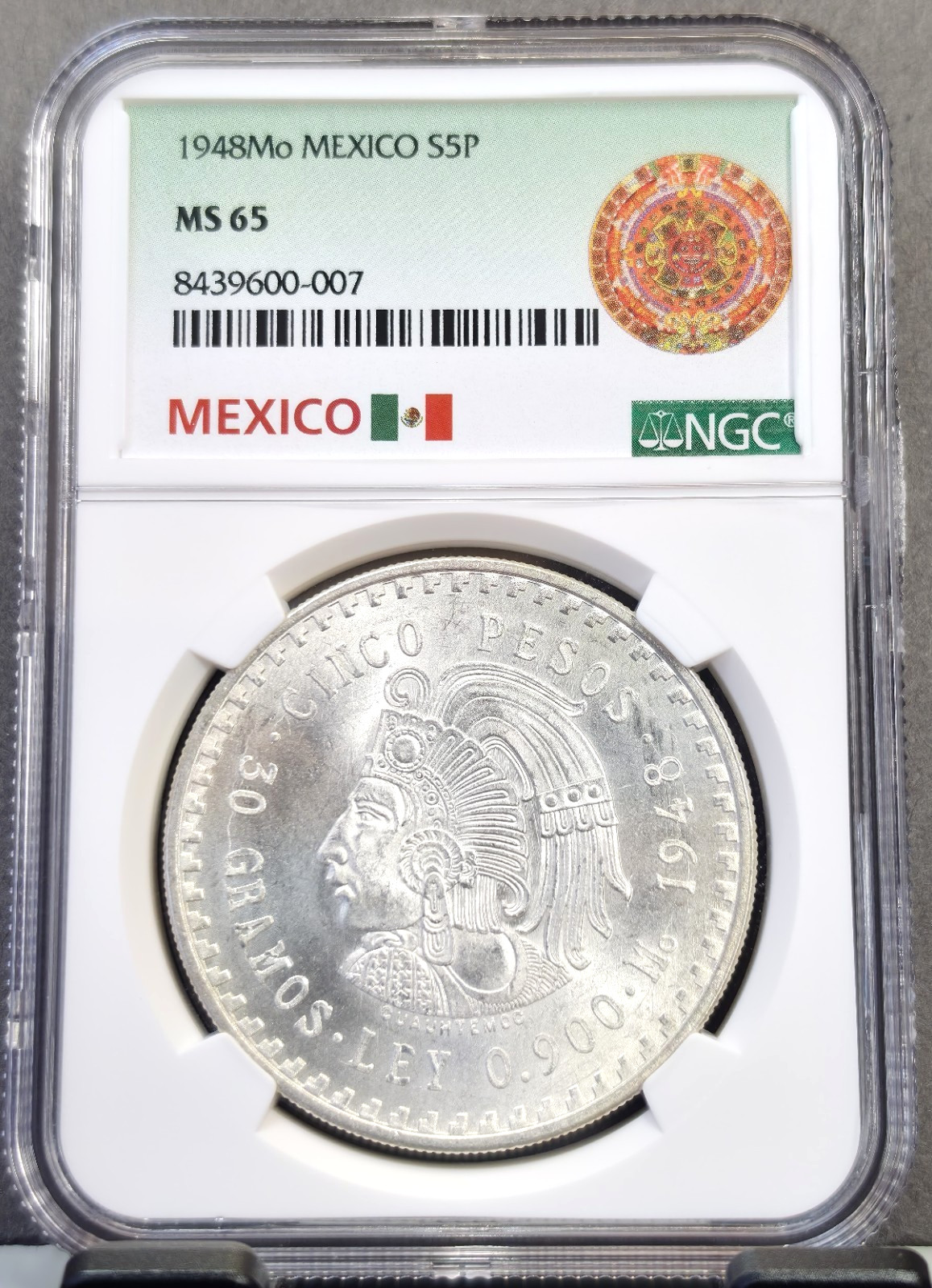 1948 MEXICO SILVER 5 PESOS S5P CUAUHTEMOC NGC MS 65 BEAUTIFUL GEM BU COIN