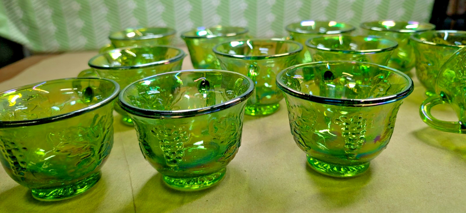12 Vintage Indiana Glass Harvest Grape Green Carnival Glass Punch Cups