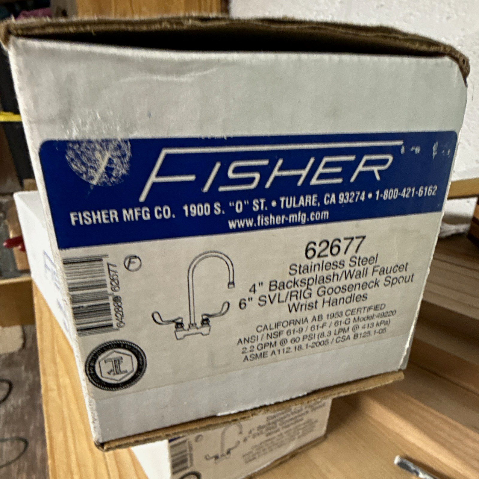 Fisher 62677 Wall Mount Faucet 4 in Center 6 in Gooseneck Wrist Handles