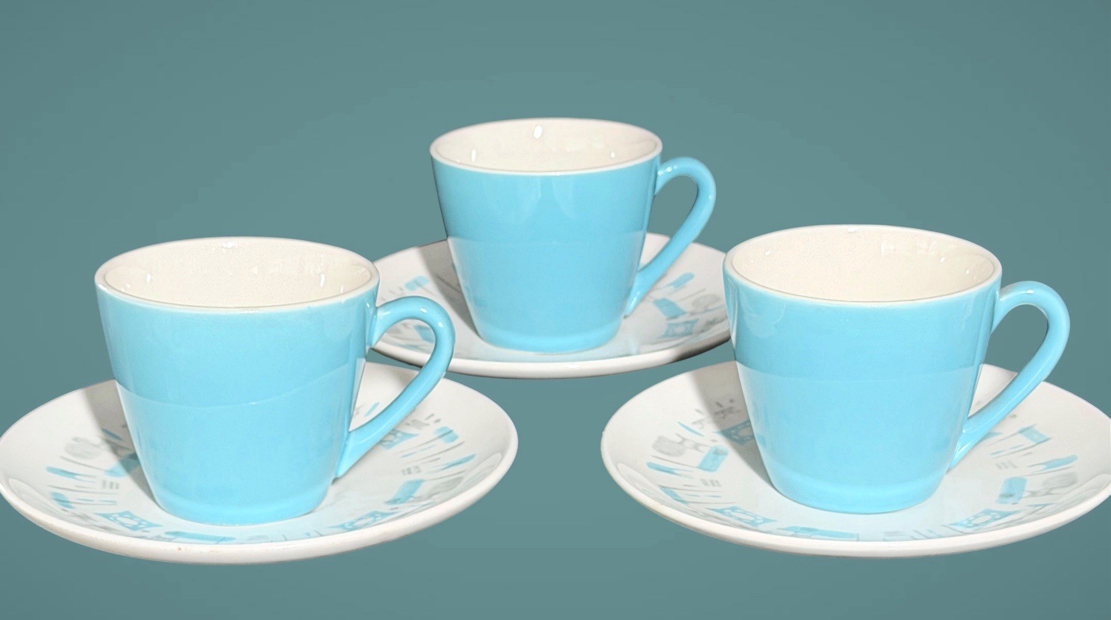 Set of 3 Vintage Royal China BLUE HEAVEN Atomic Tea/Coffee Cups and Saucers
