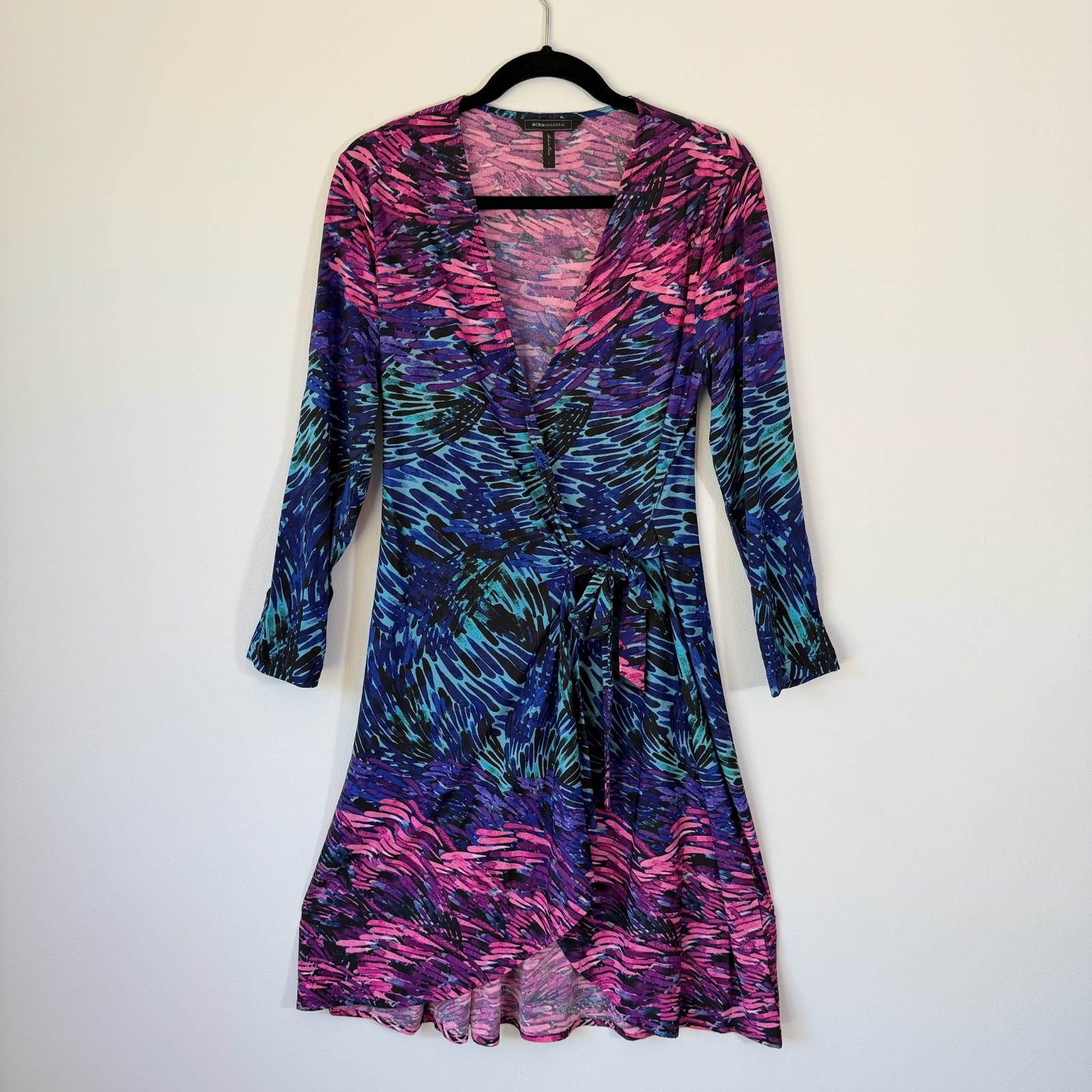 BCBGMAXAZRIA Adele Wrap Dress L Peacock Feather Abstract Boho Midi Dress Teacher