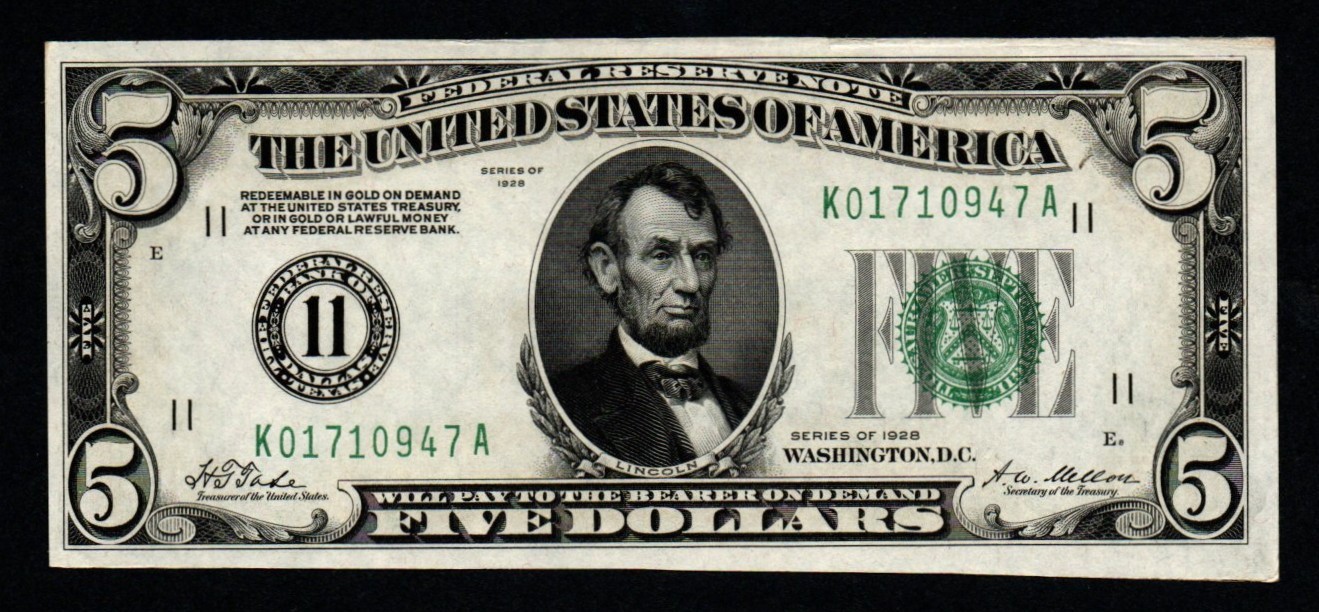 BETTER DALLAS District NUMERIC GOLD DEMAND 1928 $5 UNC Federal Reserve Note