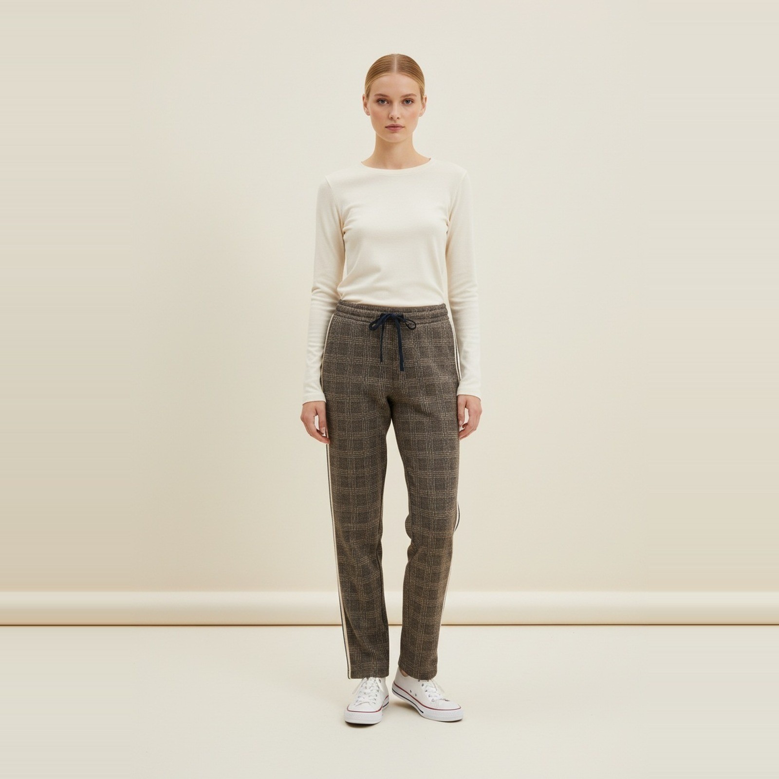 Mystree NWT Plaid Knit Track Pants Womens S Brown Cream Side Stripe Drawstring