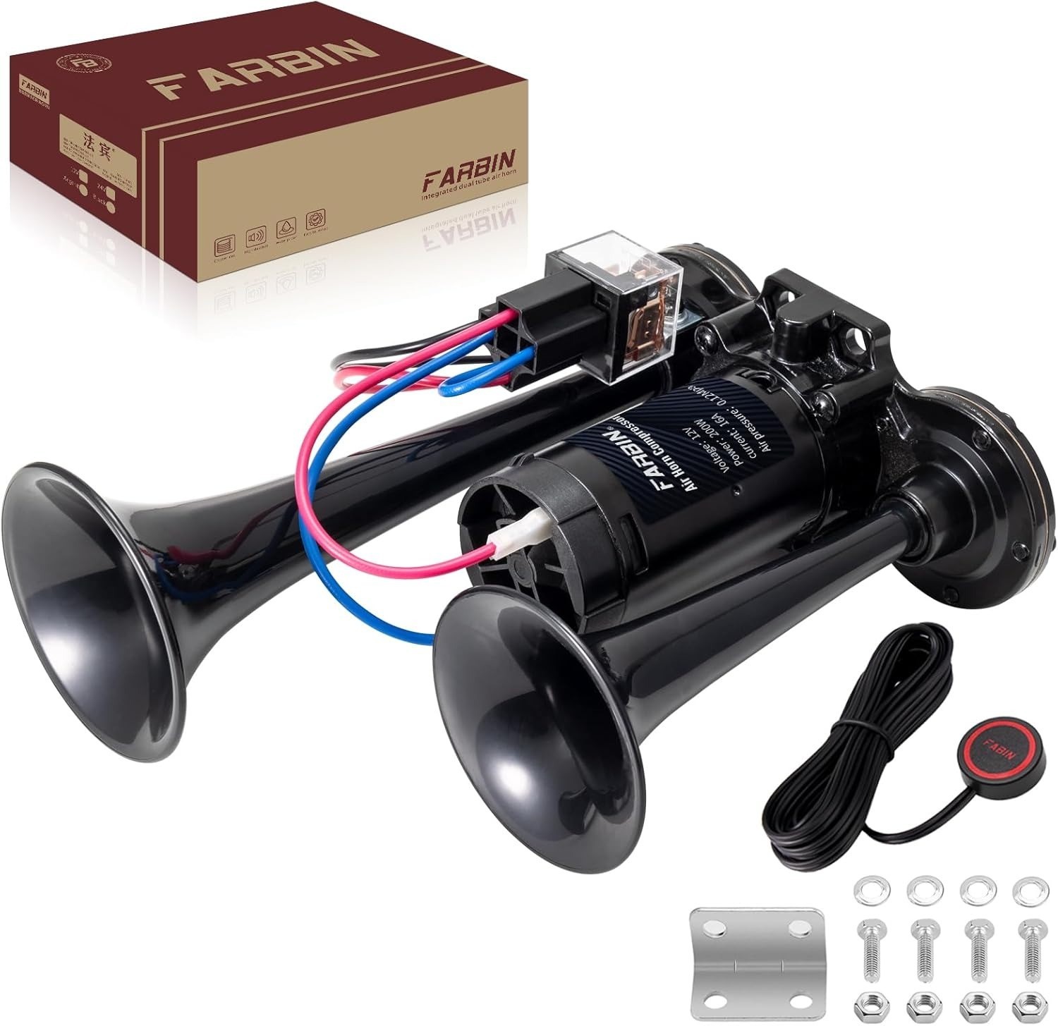 FARBIN Black Air Horn for Truck Train 12V Integrated + Button, 