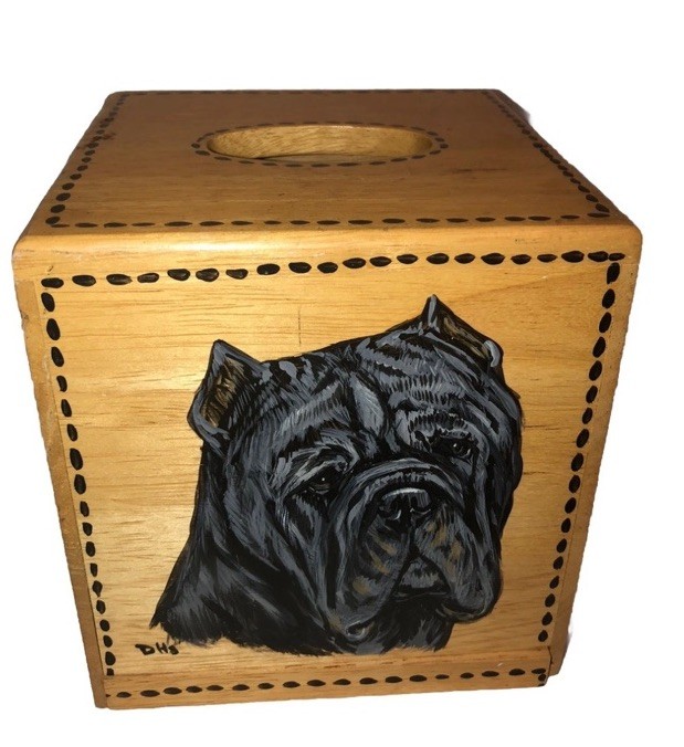 Vintage Hand Painted Cane Corso Dog Wood Tissue Box Cover 