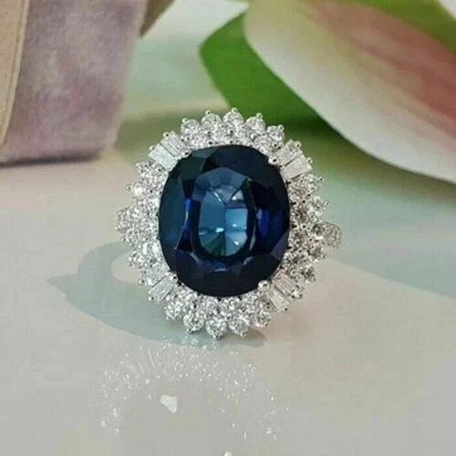 6.40Ct Oval Cut Natural Blue Sapphire & Diamond 14K White Gold Luxurious Ring