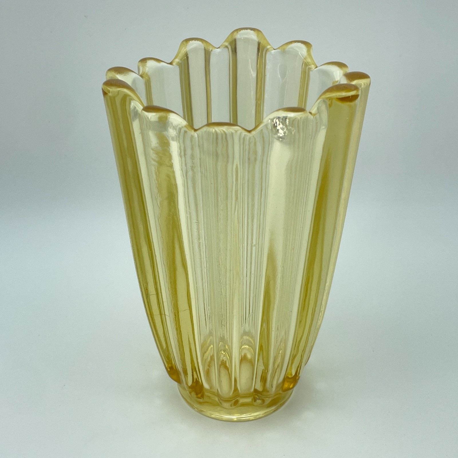 FOSTORIA Yellow Glass Fluted Vase Scalloped Rim Ribbed Art Deco Decor 7.5in