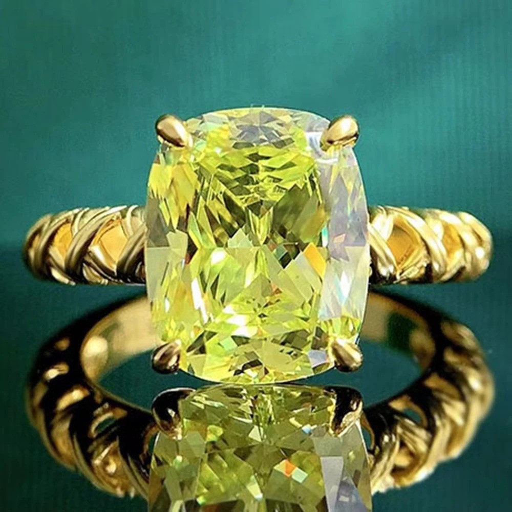 Luxury  9*11MM Peridot Cushion Cut Solitaire Ring 925 Silver Size 5-9 YG
