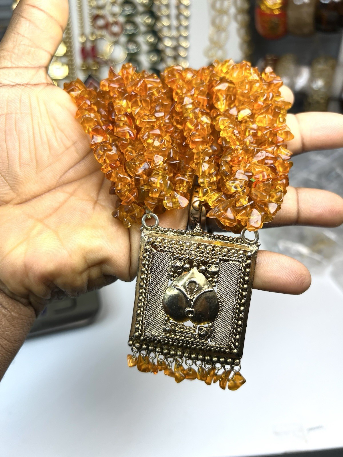 Vintage Amber Tone Glass Chip Multi Strand Necklace Artisan Pendant Heavy 9oz