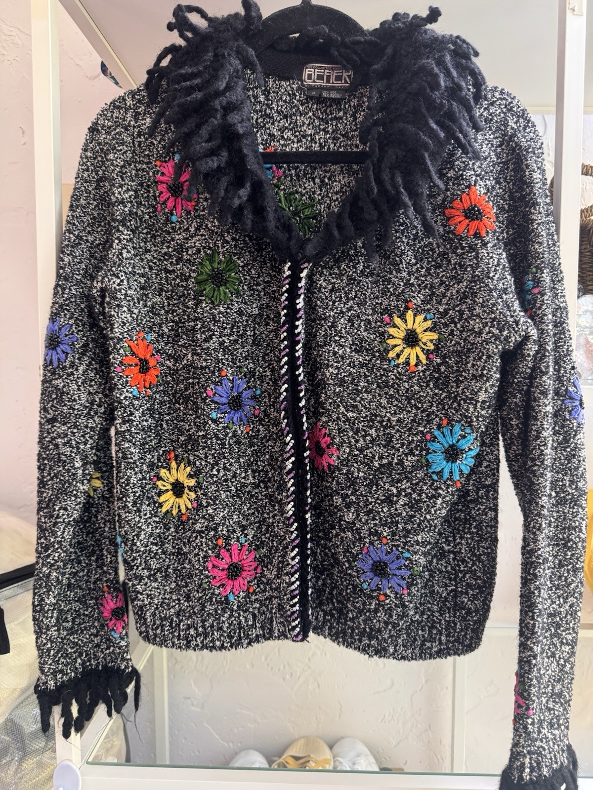 VTG Berek Embroidered Floral Cardigan Sweater Black White Marled Shaggy Fringe S