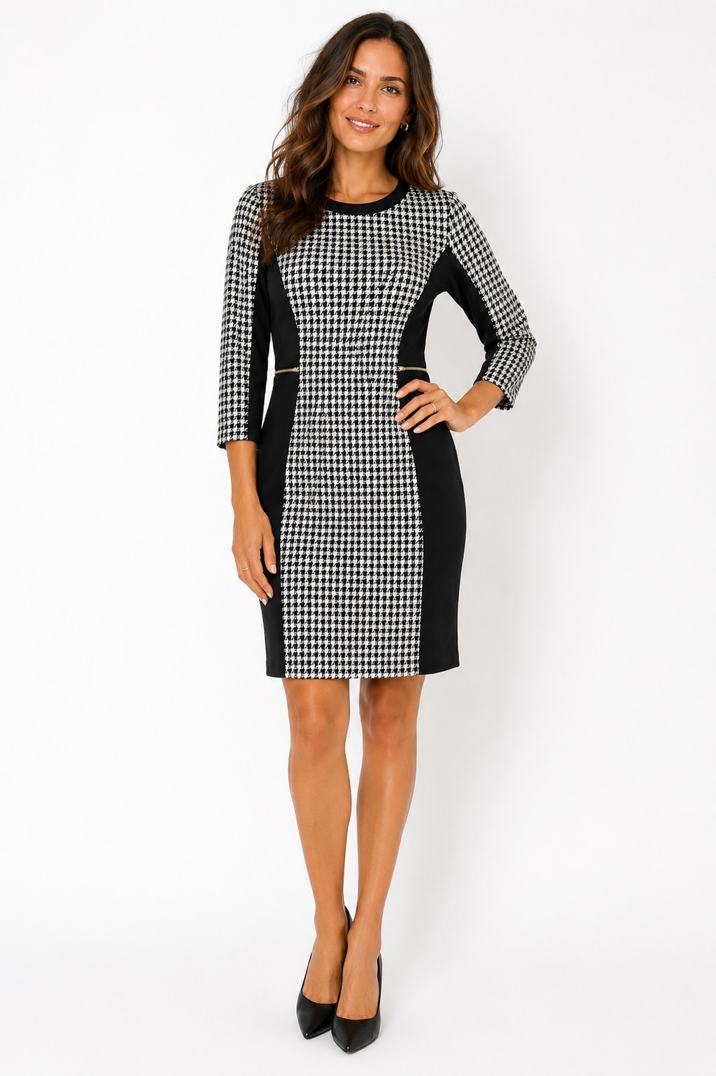 H&M Women’s Black & White Houndstooth Colorblock Sheath Dress – Size 8 H&M Women’s Black & White Houndstooth Colorblock Sheath Dress – Size 8