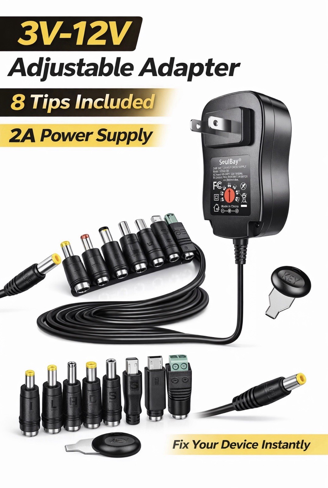 Universal AC Adapter 3V-12V 2A Power Supply 8 Tips for Router LED Camera