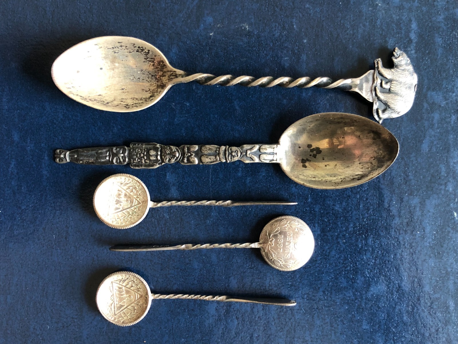 1887 Nicaragua 5 Cents Silver Coin Spoons & Silver Souvenir Spoons (Alaska)