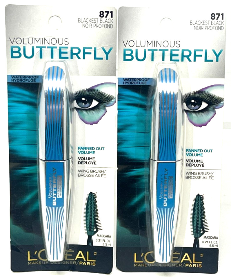 (2) Loreal Voluminous Butterfly Mascara Sealed Waterproof 871 - Blackest Black (2) Loreal Voluminous Butterfly Mascara Sealed Waterproof 871 - Blackest Black