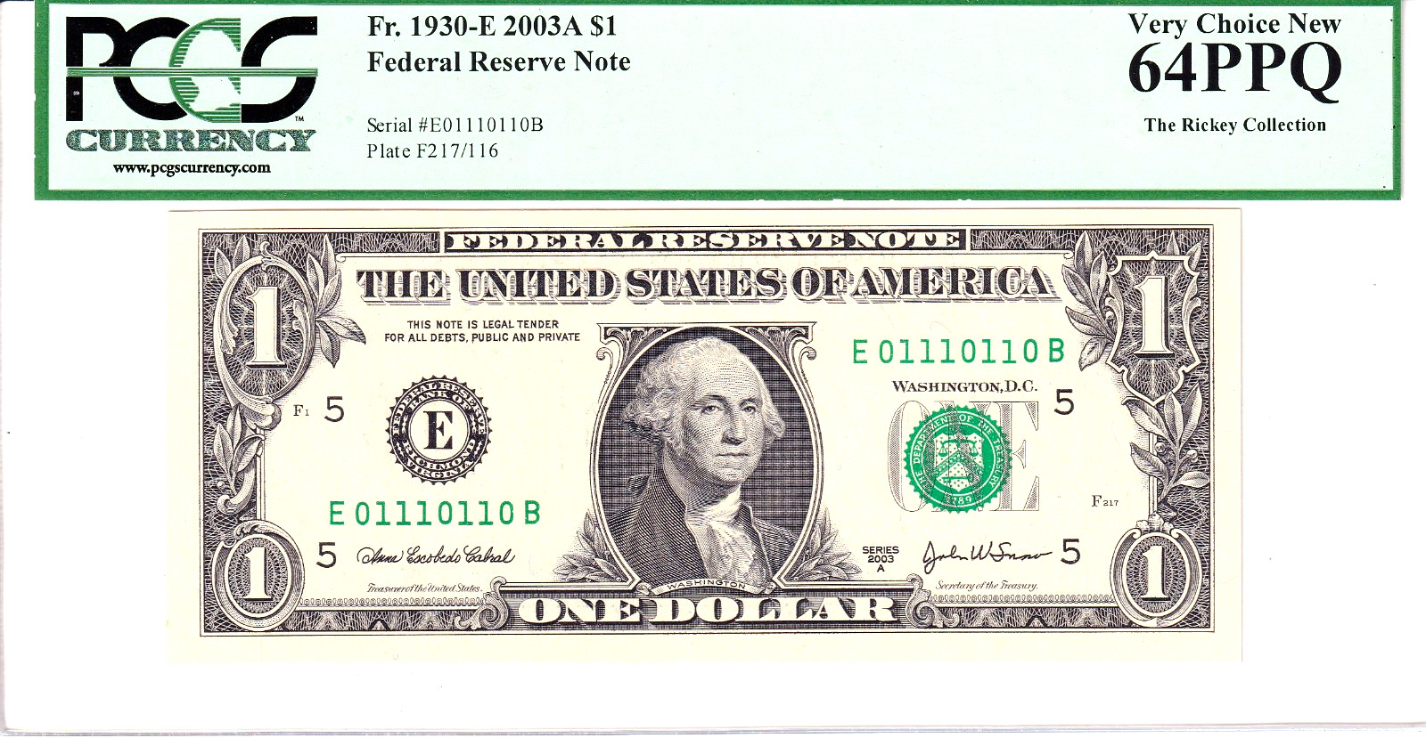 2003A $1 FRN PCGS Very Choice New 64PPQ Fancy TRUE 0/1 BINARY Serial #E01110110B
