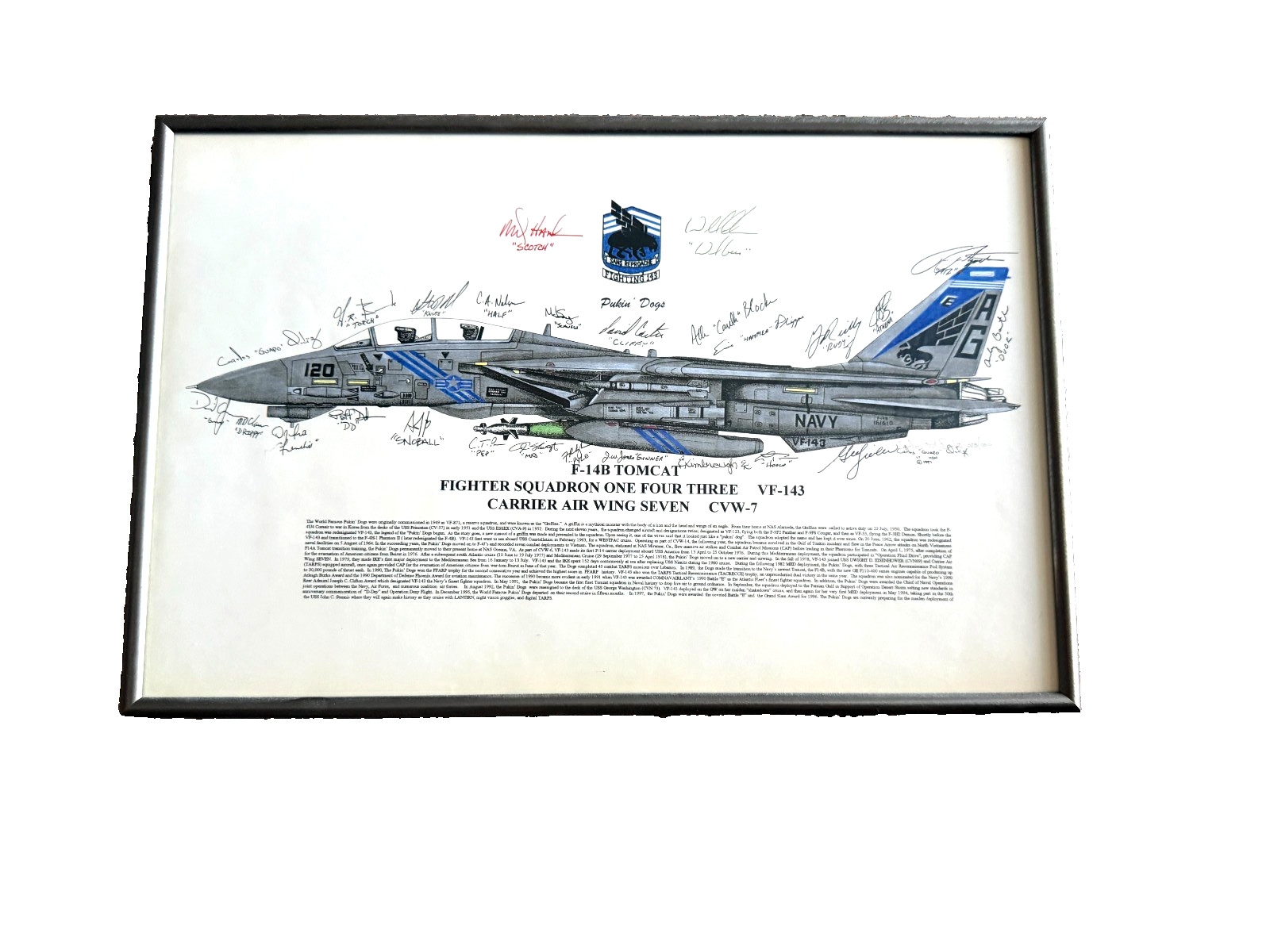 Signed F-14B Tomcat VF-143 Pukin DOgs Lithograph Framed Prine CVW-7 Autographs Signed F-14B Tomcat VF-143 Pukin DOgs Lithograph Framed Prine CVW-7 Autographs