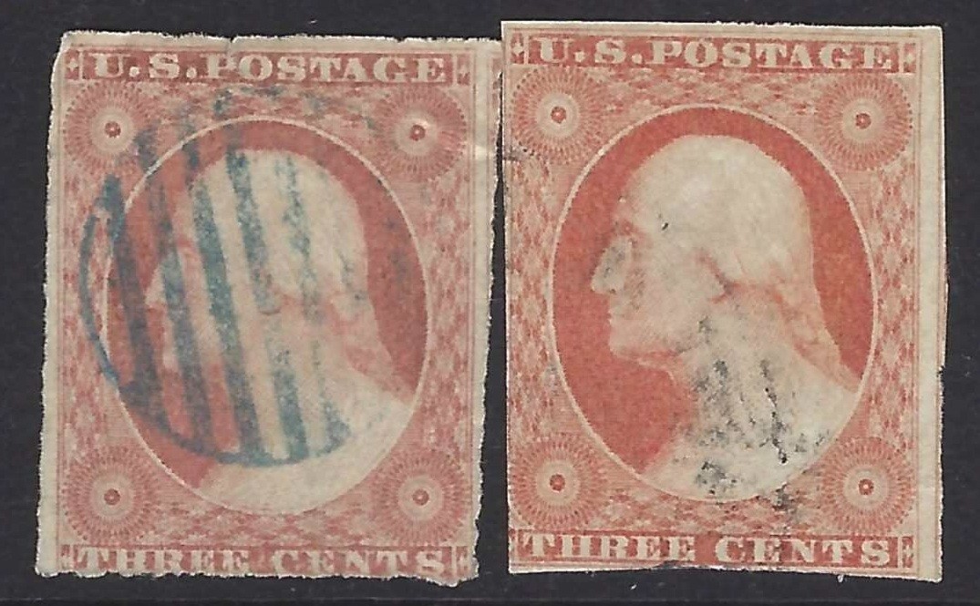 SWFL-Stamps - # 11A Type II ( x2 ) - 3c Imperf of 1851 (G-3557) SWFL-Stamps - # 11A Type II ( x2 ) - 3c Imperf of 1851 (G-3557)