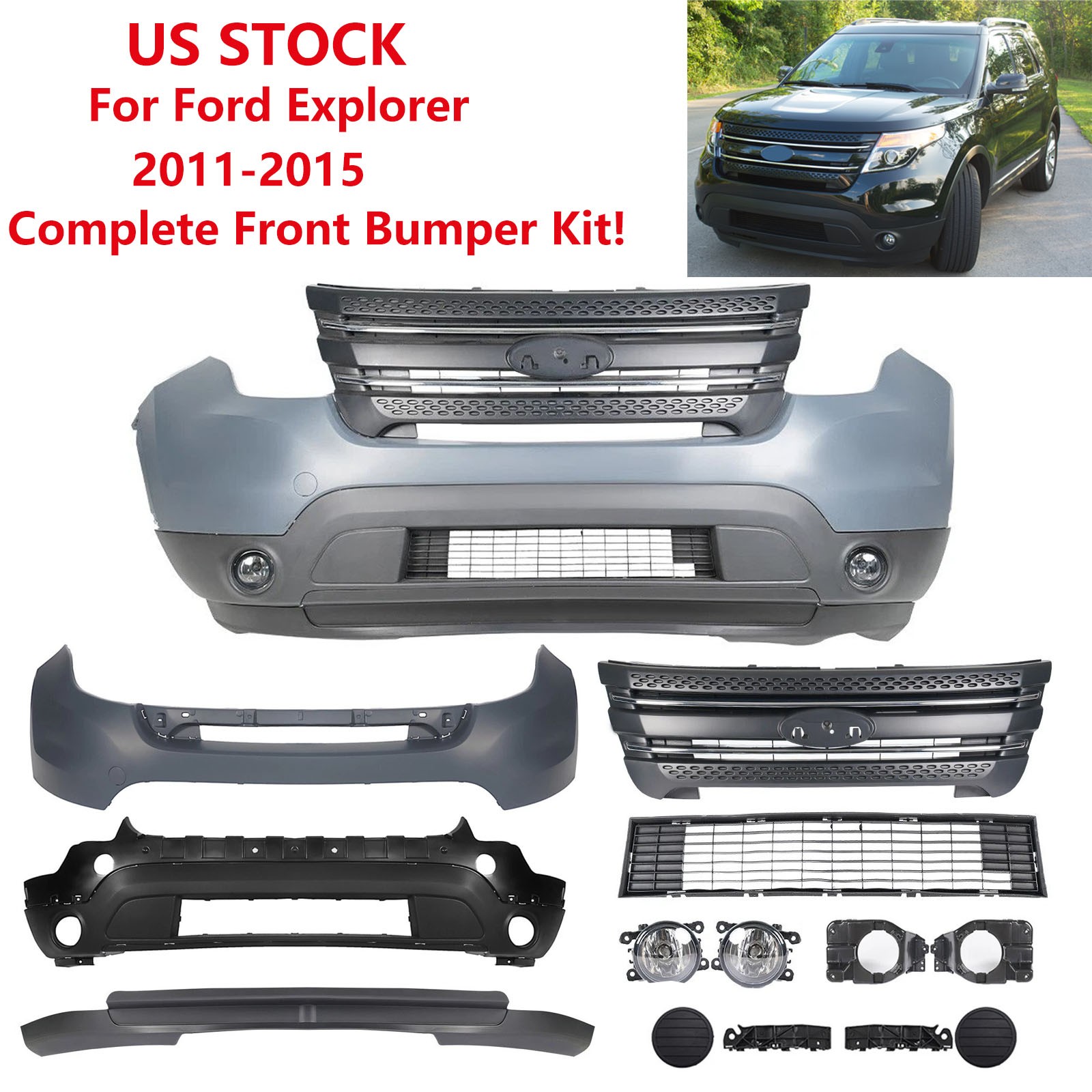 Front Bumper Grille Assembly w/ Fog Lights For 2011-2015 Ford Explorer Complete