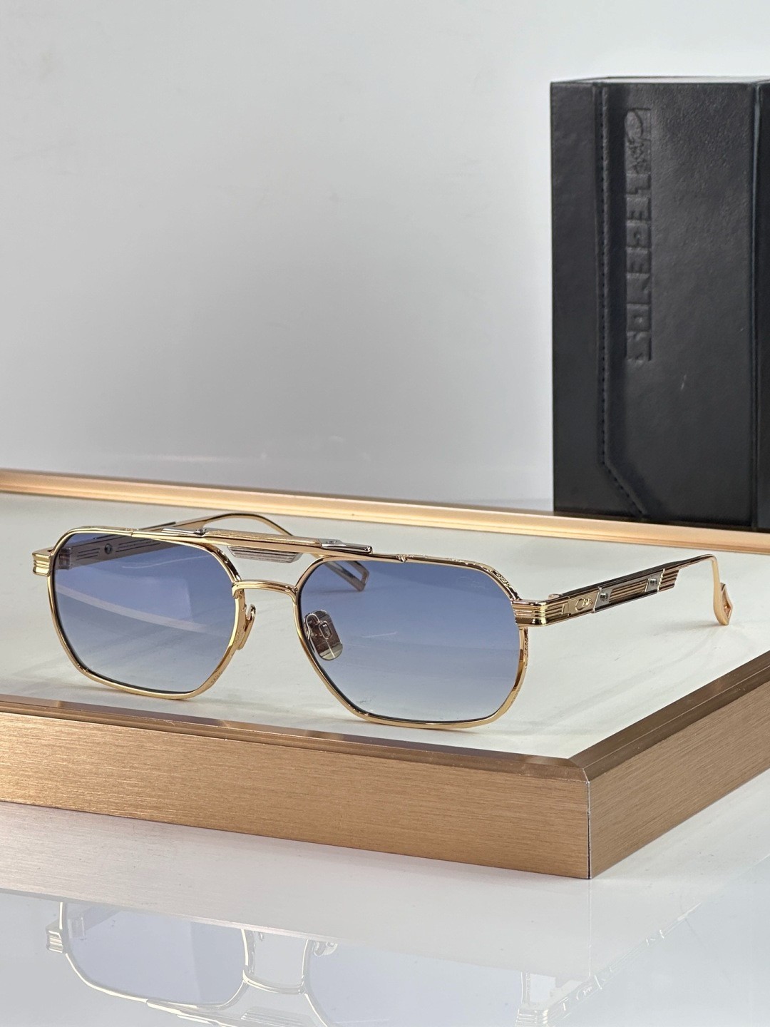 Cazal Double Bridge Square Shades Gold Frame Blue Tint Lens Luxury Men Eyewear