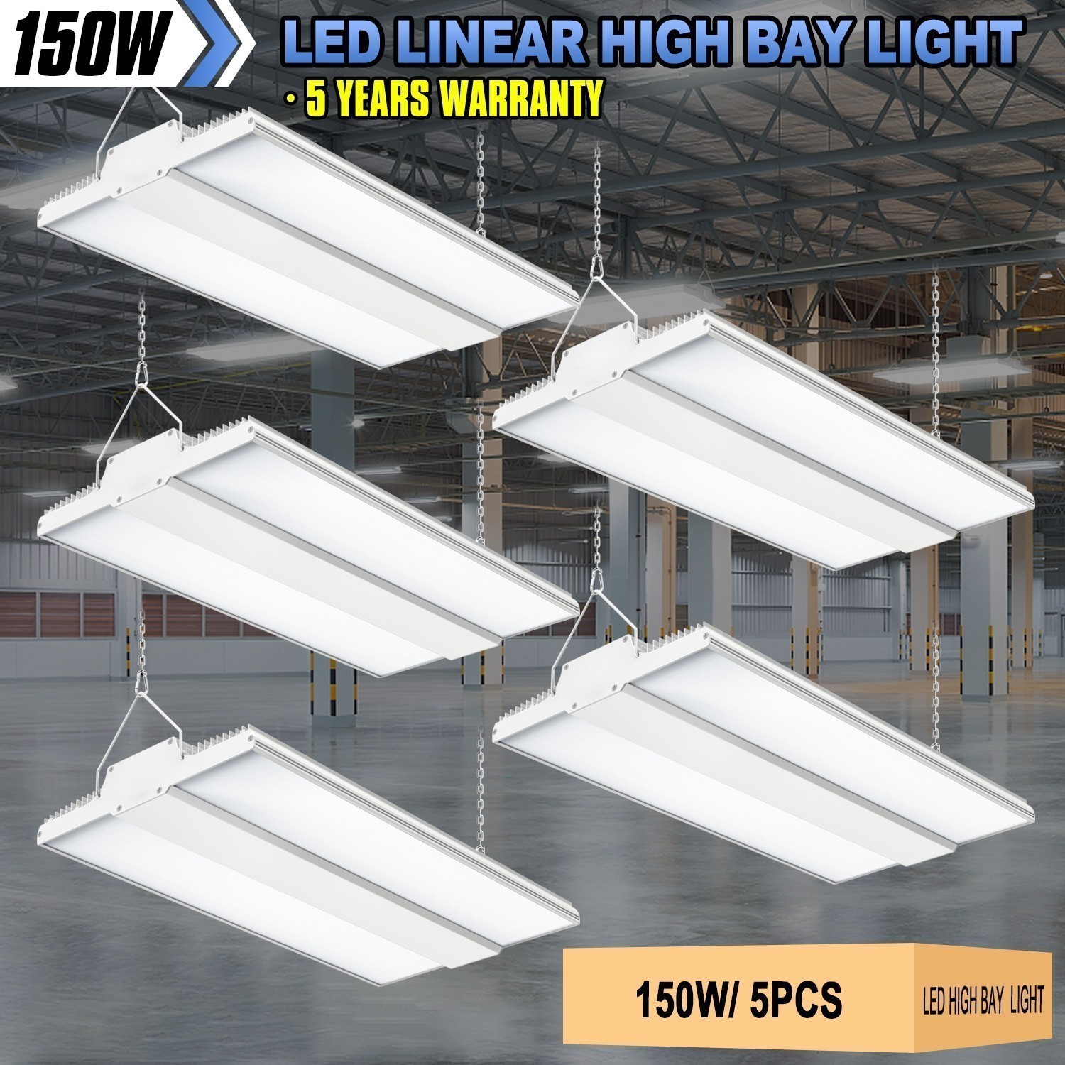 5-Pack LED Linear High Bay Light 150W Industrial Warehouse Ceiling Hanging Lamp