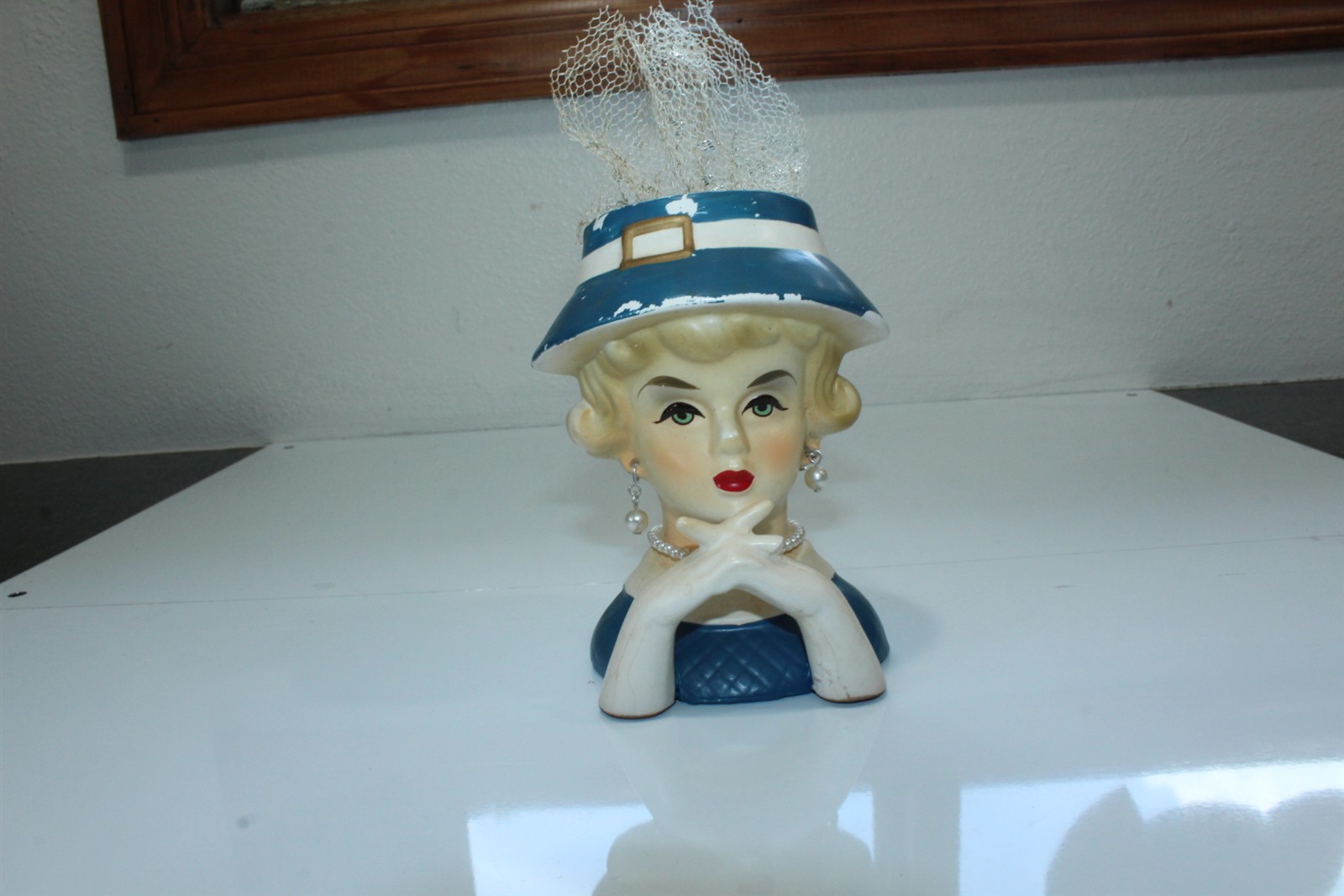 Vintage Head Vase Rubens Originals #4108 Woman Wearing Blue Hat Japan