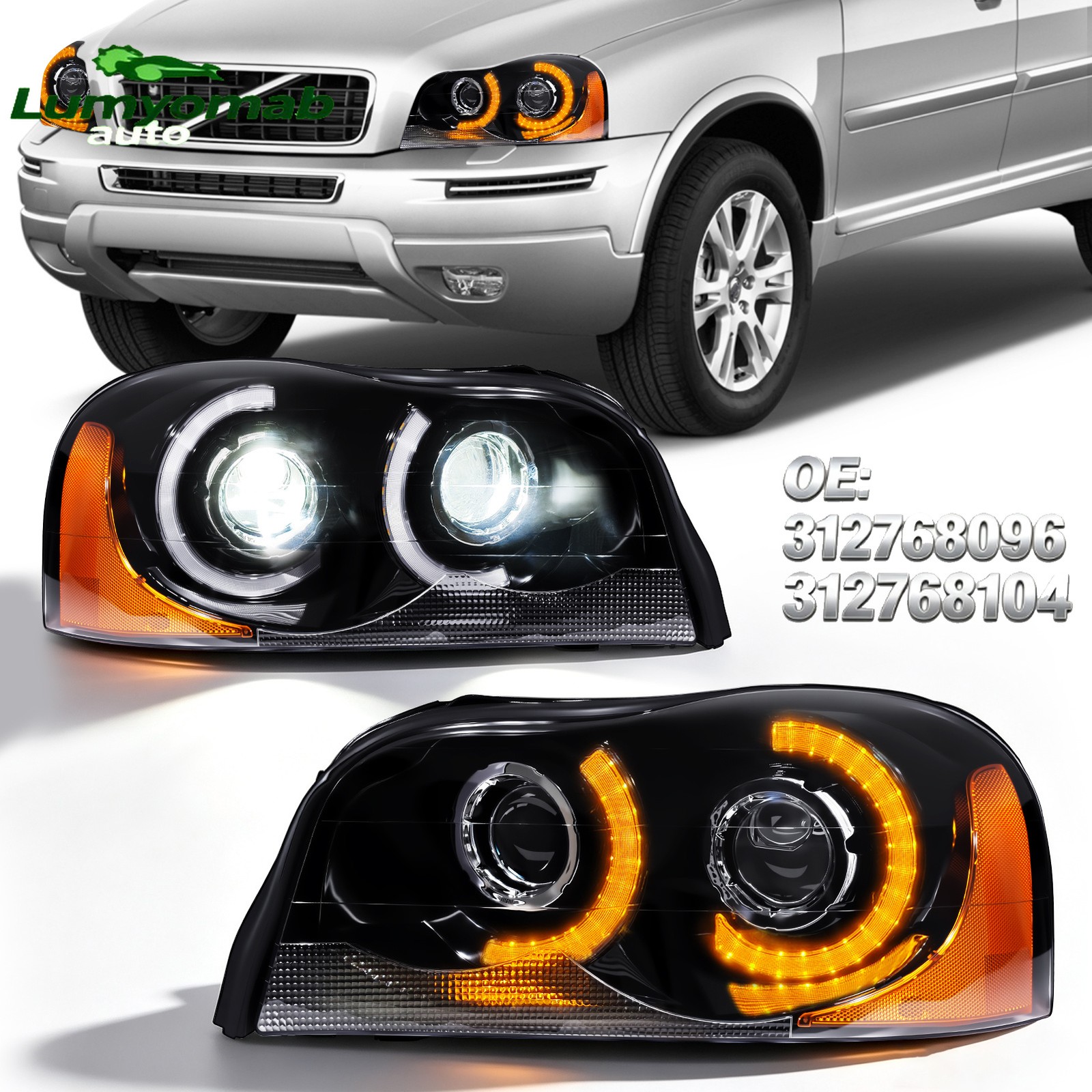 LED Headlights Headlamps Set For 2003-2014 Volvo XC90 Driver and Passenger Black