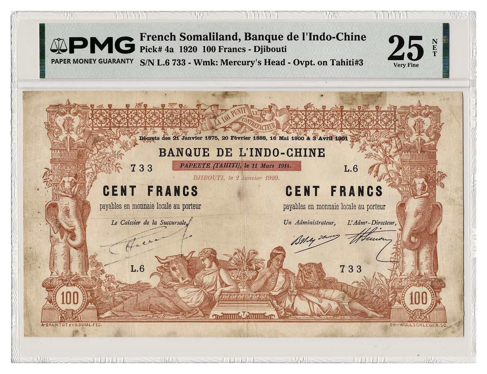 FRENCH SOMALILAND banknote 100 Francs 1920 overprint on Papeete-Tahiti PMG VF 25