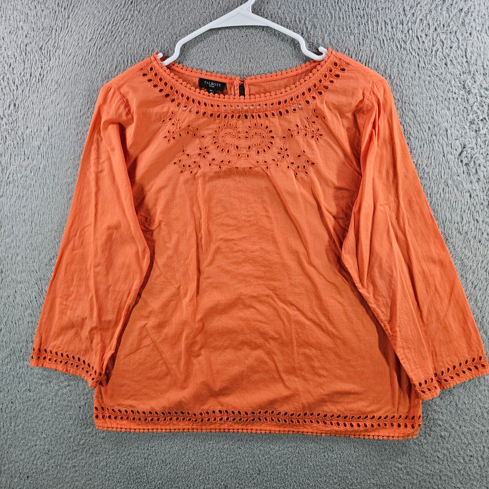 Talbots Petites Orange Eyelet Embroidered Cotton Blouse 3/4 Sleeve SP Talbots Petites Orange Eyelet Embroidered Cotton Blouse 3/4 Sleeve SP