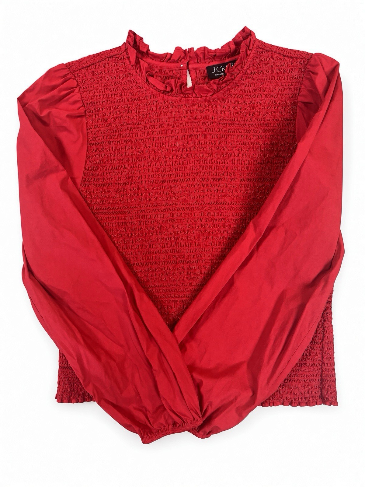 J.Crew Organic Cotton Ruffle Neck Smocked Top Large Red Ballon Long Sleeves