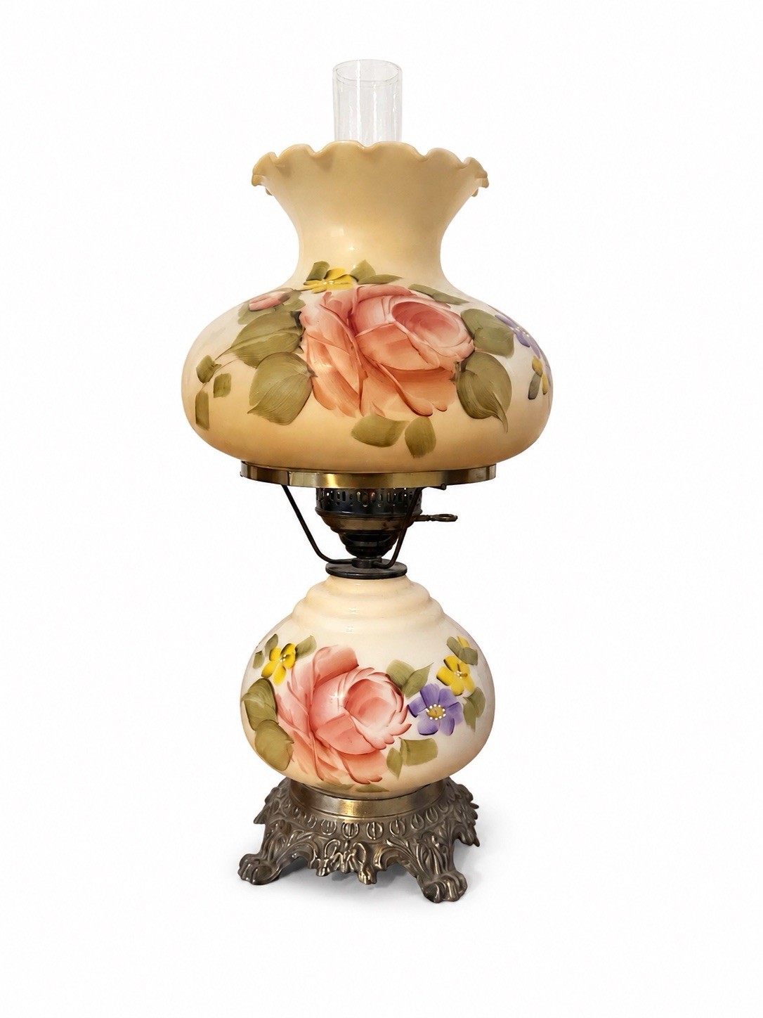 Vintage Electric Hurricane Parlor Lamp – Hand-Painted Floral Milk Glass