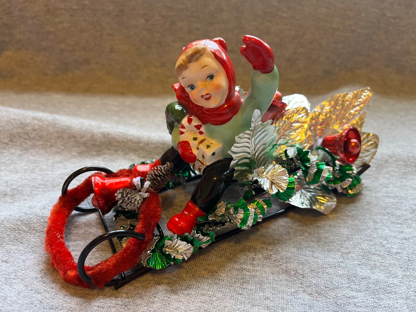 Vintage Napco OOAK Christmas Girl in Sleigh  Figurine Holiday Decor