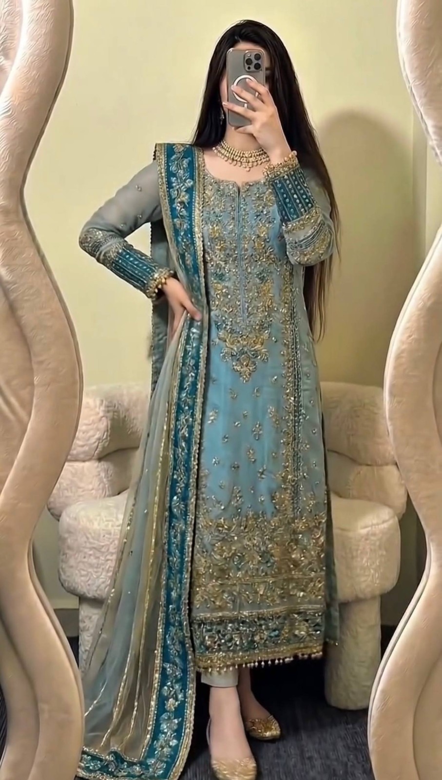 Indian Designer Faux Georgette Blue Salwar Kameez With Dupatta For Wedding Wear