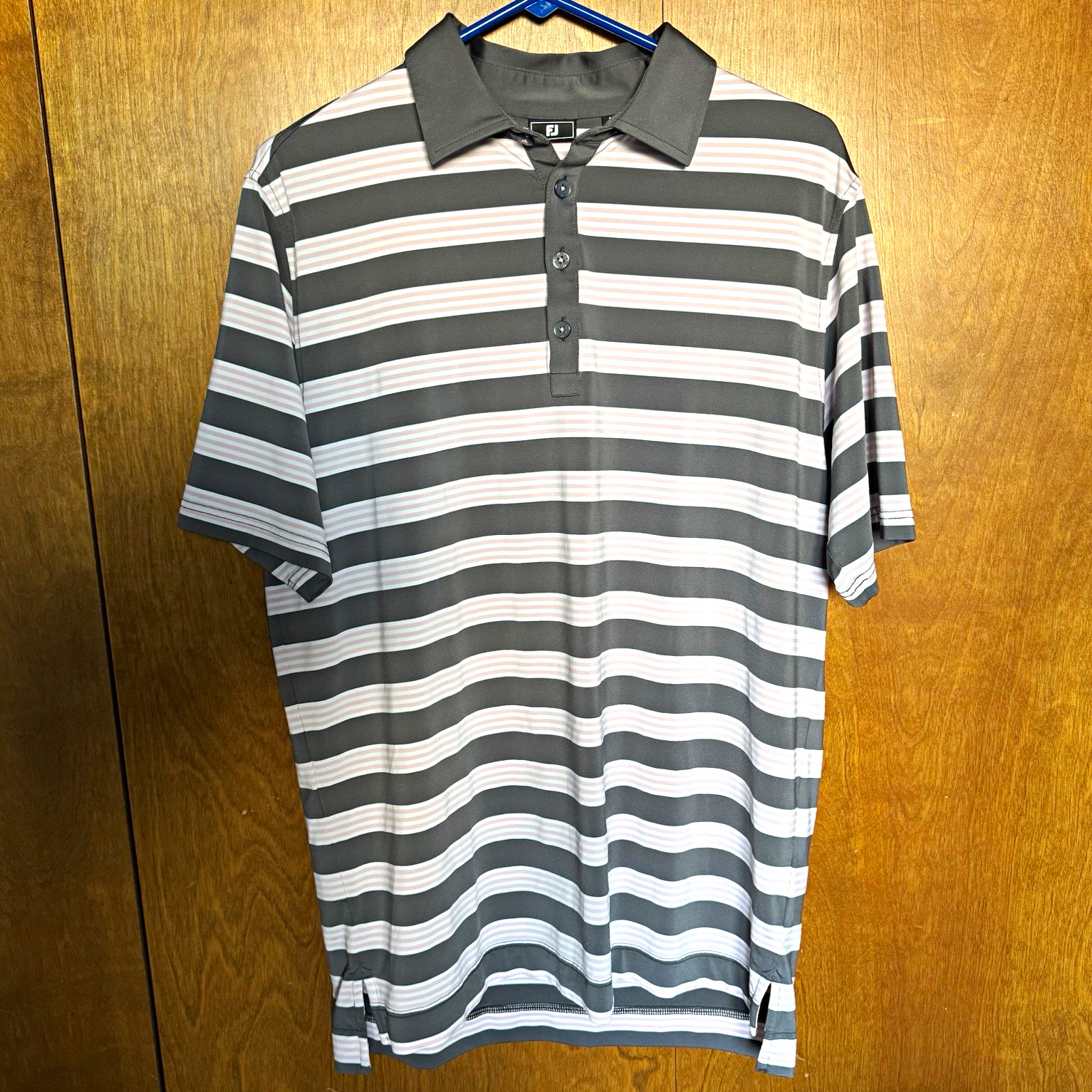 FootJoy Men\'s Striped Golf Polo Shirt Short Sleeve Stretch M Gray White Pink FootJoy Men\'s Striped Golf Polo Shirt Short Sleeve Stretch M Gray White Pink