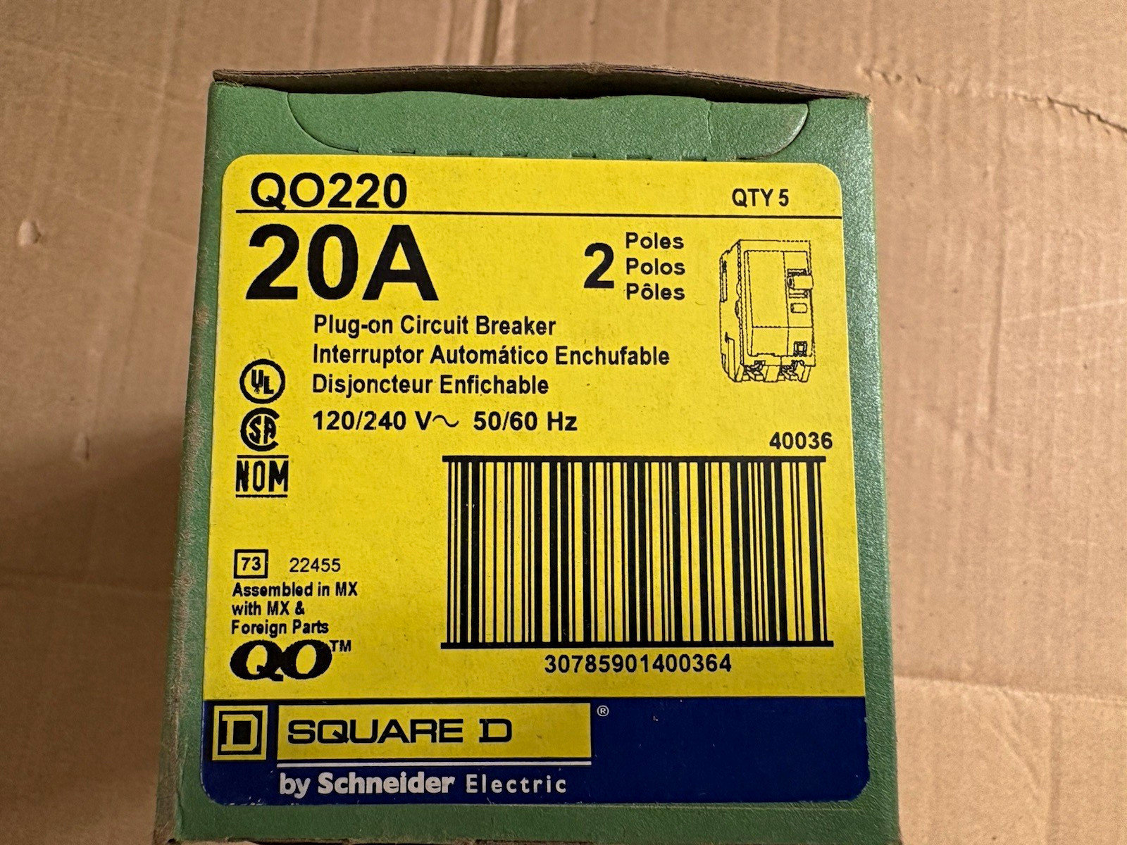 Square D QO220 20A 2-Pole Plug-On Circuit Breaker 120/240V AC 5-Pack Square D QO220 20A 2-Pole Plug-On Circuit Breaker 120/240V AC 5-Pack