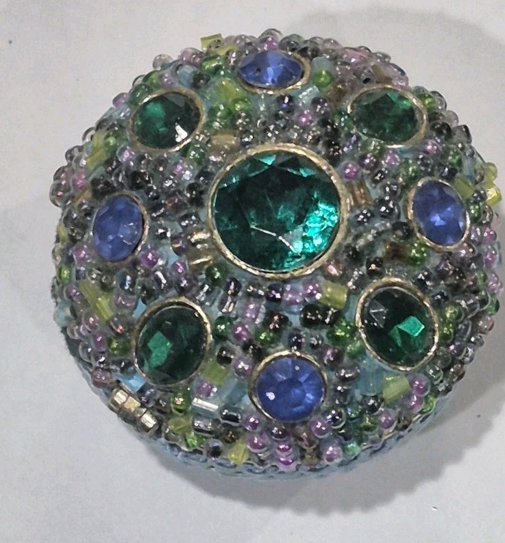 Vintage Jeweled & Beaded Blue Round Metal Trinket Box Velvet Bottom Vintage Jeweled & Beaded Blue Round Metal Trinket Box Velvet Bottom