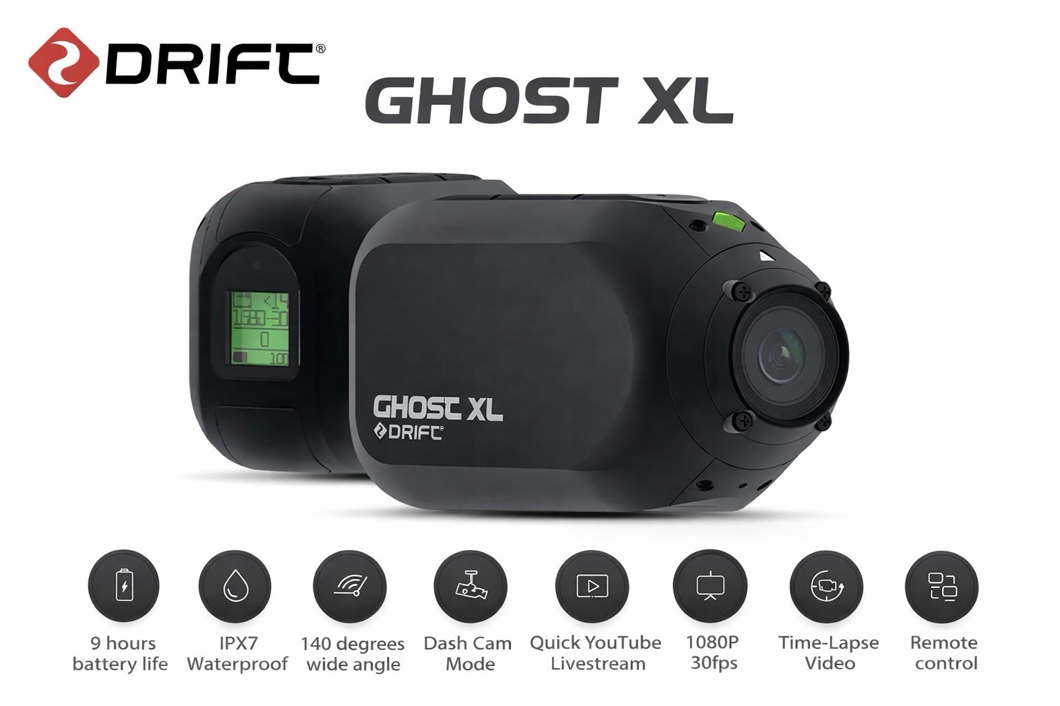 Drift Ghost XL Action Camera 1080p 30fps IPX7 WiFi 300° Lens Dash Cam 9Hr New