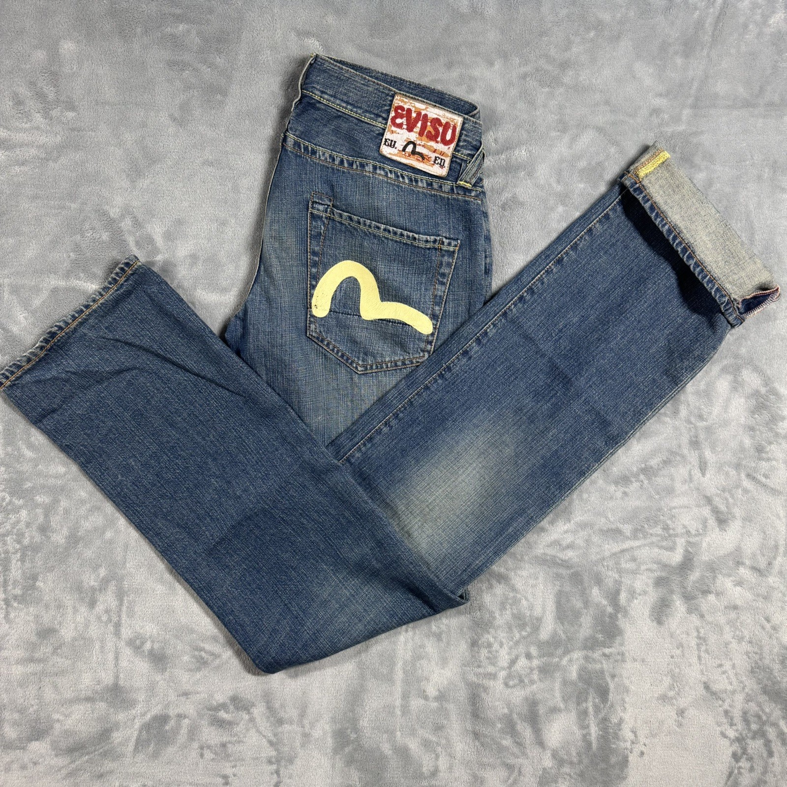 EVISU Jeans Size 30 Blue Salvage Denim Yellow Seagull Logo Straight Leg Japanese