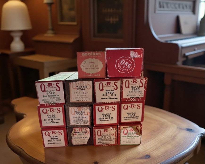 Vintage 13 QRS and 1 Aeolian Player Piano Rolls in Original Boxes. 1940s.