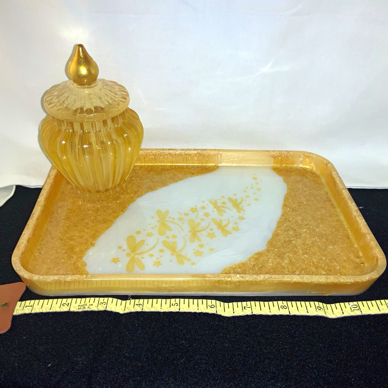 Vintage Gold Tone Vanity Tray w/ White Floral Center 2pc set