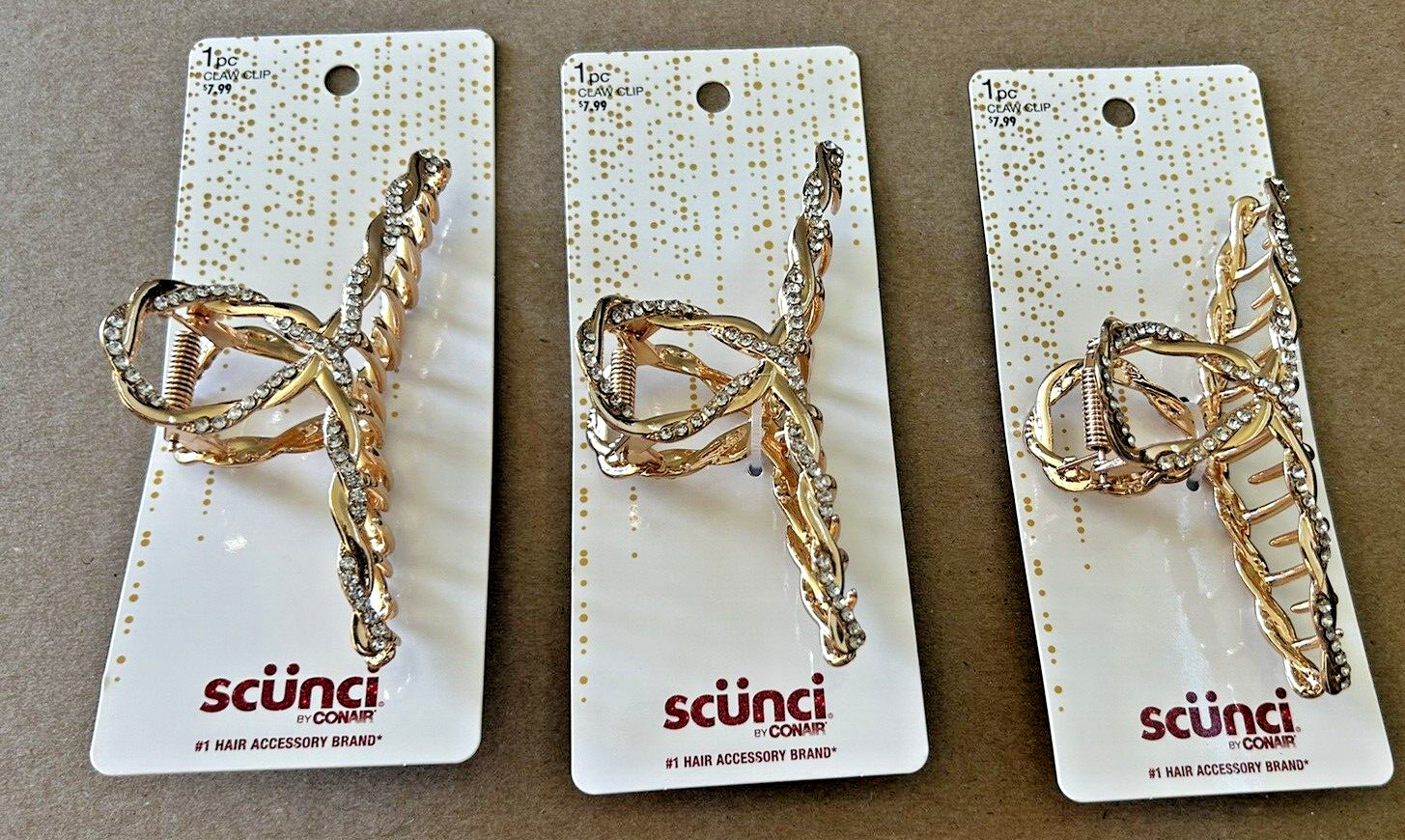 Scunci Claw Clip Crystal Gold Tone Styling Hair Clip Lot of 3 Beautiful 4.5\